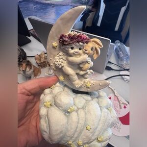 Dreamsicle Cherub Moon Figurine with Bunny - music box
